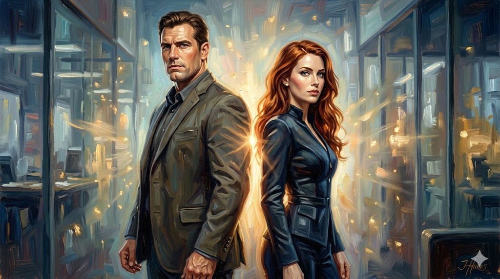 がっしりした体格の男性捜査官と、赤毛の女性捜査官がオフィスで並んで立っている夢のような油絵