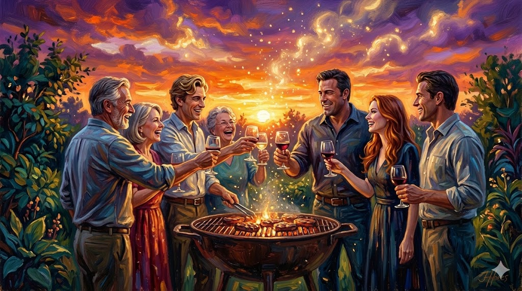 夕暮れの庭で、数人の男女が笑いながらバーベキューを楽しんでいる重厚な油絵