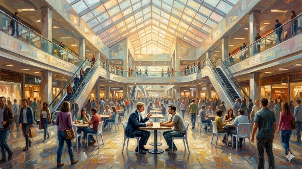 活気に満ちたショッピングモールで待ち合わせる二人]