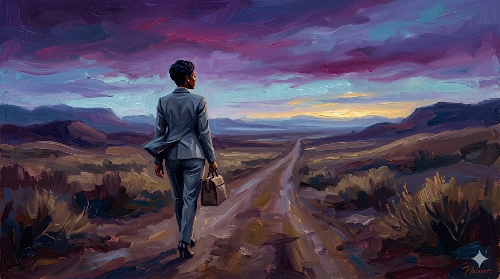 夜明けの空を見上げ、新たな一歩を踏み出す女性の背中