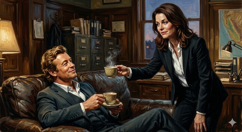 ソファでくつろぐジェーンに、呆れつつも温かいお茶を差し出すリズボン