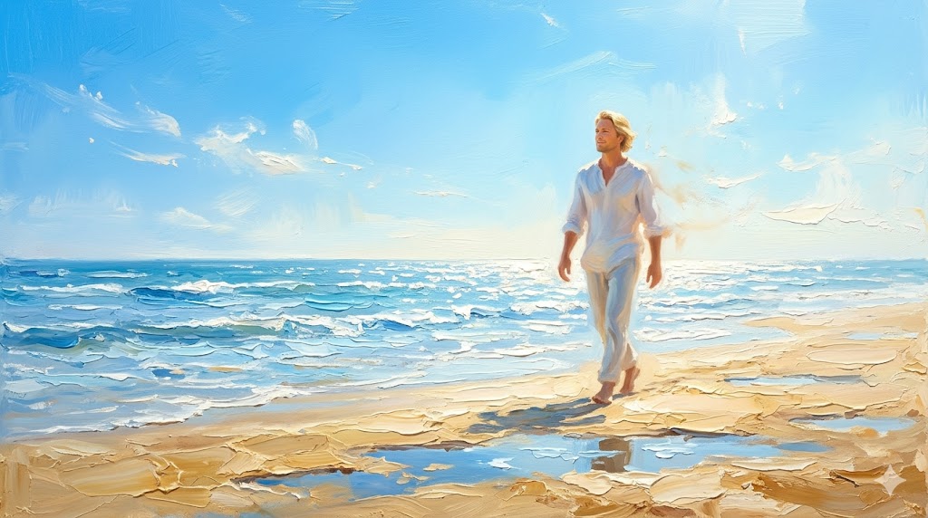 海辺を歩く、解放された表情の男性