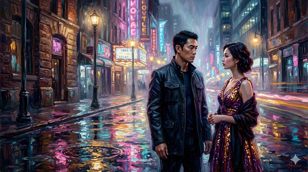 夜の街角で向き合うチョウとサマー