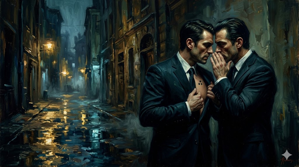 夜の街角で秘密のサインを交わすスーツの男たち