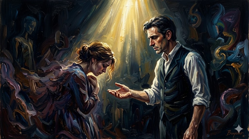暗闇の中、傷ついた女性に手を差し伸べる三つ揃えスーツの男。黄金色の光が差す油絵風
