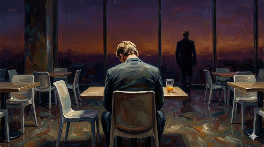 静まり返ったフードコートで椅子に座る初老の男の背中