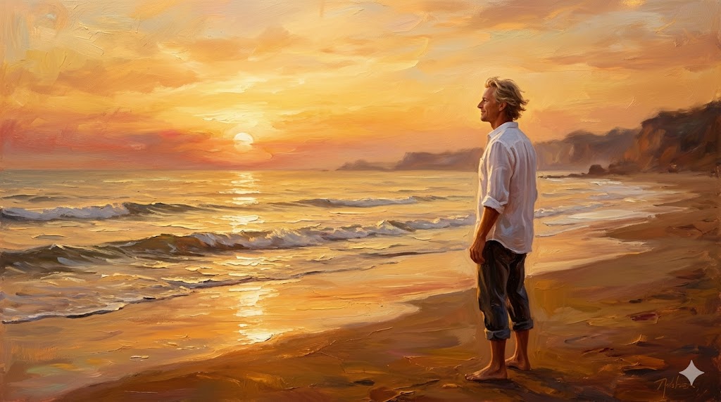夕暮れの砂浜で、白いシャツを着た男性が海を見つめ、穏やかな微笑みを浮かべている油絵