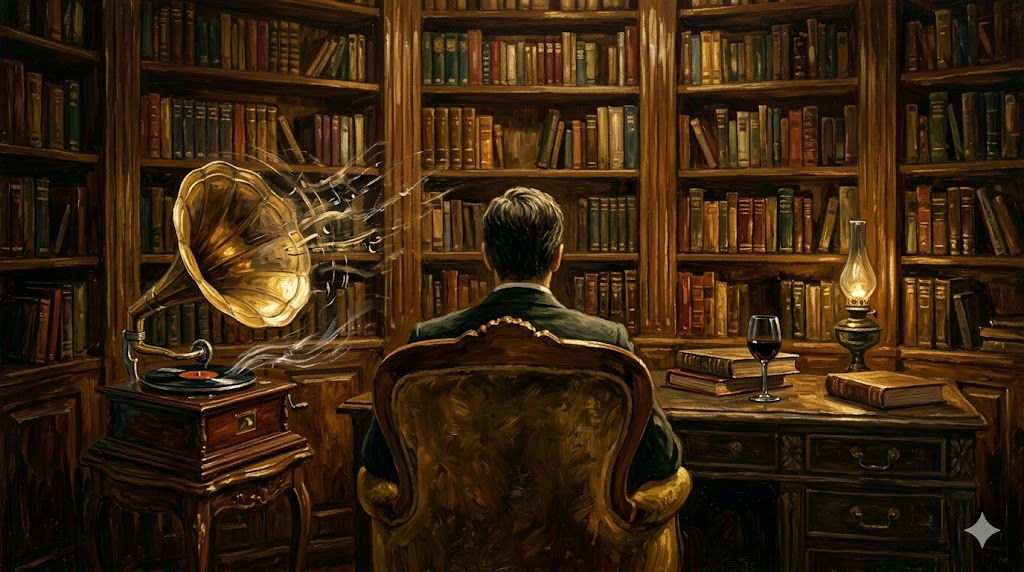 豪華な書斎で蓄音機を聴く孤独な男の背中