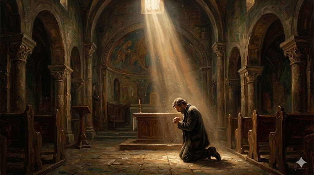 古びた教会の窓から差し込む一筋の光が、埃の舞う聖堂内で膝をつく男を照らす油絵