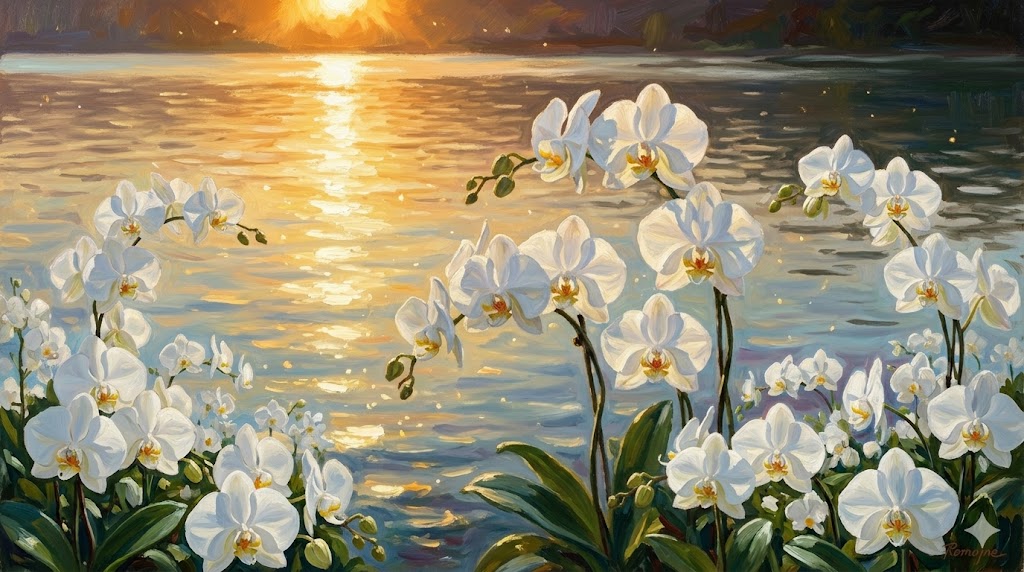 夕暮れ時の湖畔に咲く、純白の美しい蘭の花々