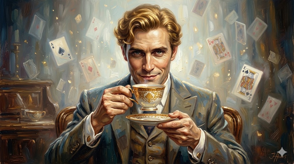 ブロンドのウェーブ髪の男性が、優雅に紅茶を飲みながら微笑んでいる幻想的な油絵