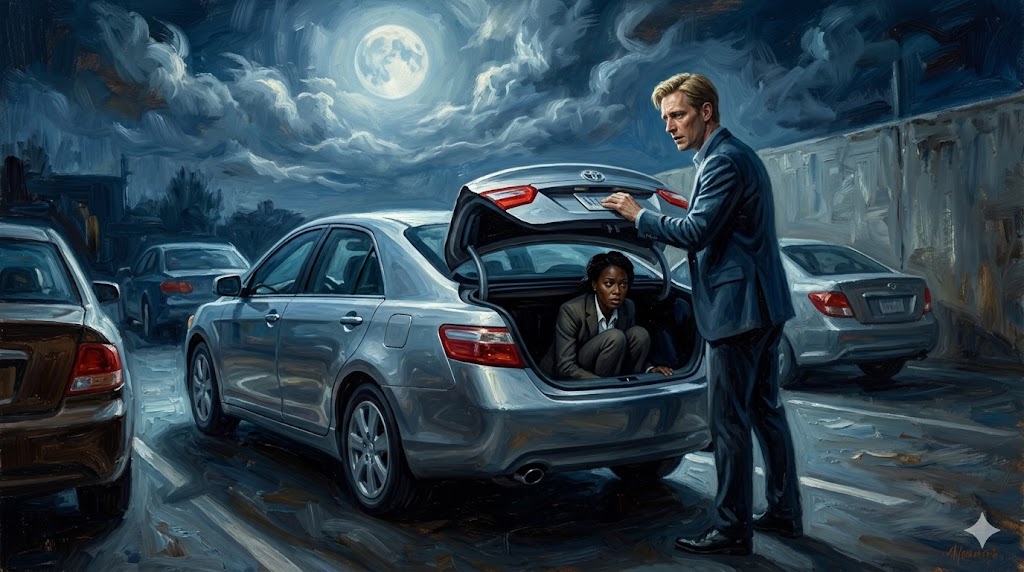 車のトランクから密かに逃走を助ける緊迫のシーン