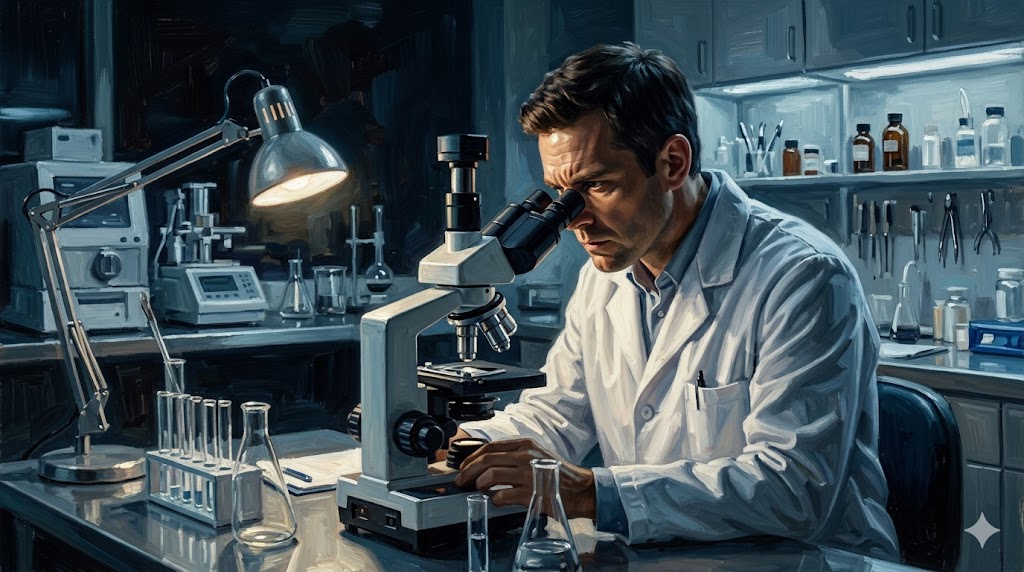 法医学の専門家が顕微鏡を覗き込んでいる、清潔な研究室