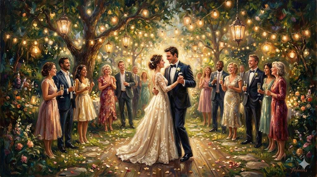 華やかな結婚式のパーティーで、男女が寄り添い、幸せそうに踊っている暖かみのある油絵
