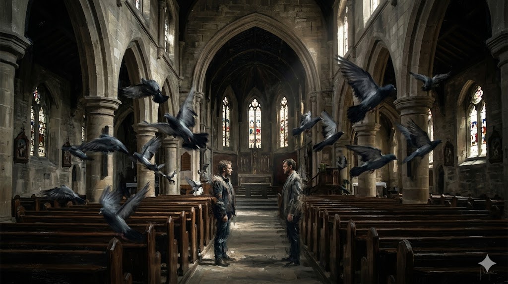 薄暗い教会で対峙する二人の男、飛び立つ鳩