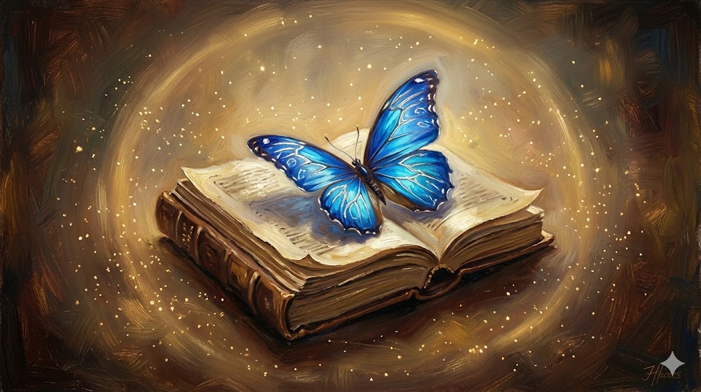開かれた古い本の上に、輝く青い蝶が舞い降りている重厚で夢のような油絵