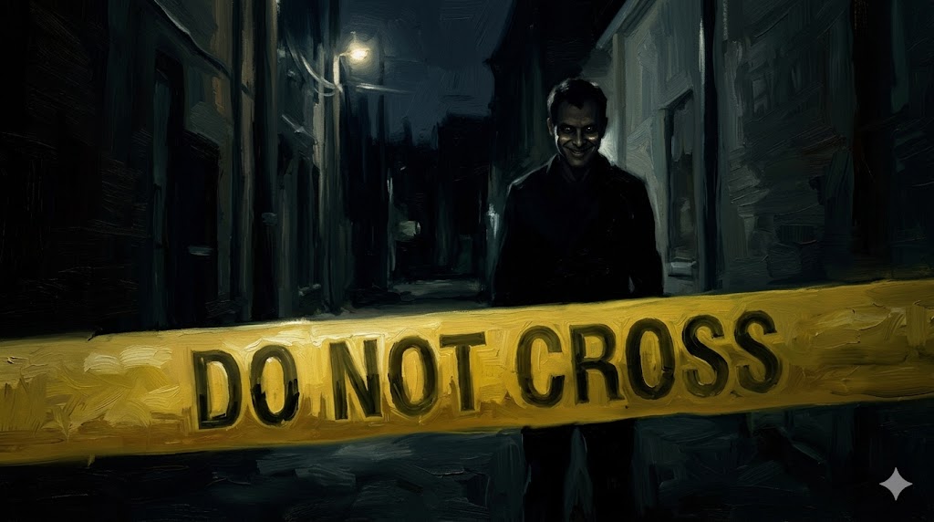 事件現場に張られた黄色いテープと、その奥に立つ怪しい男性