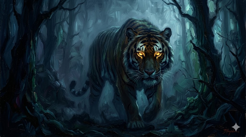 超幻想的で夢のような重厚な油絵風、深い夜の森で光る虎の目
