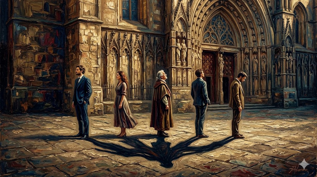 古い建物の前で佇む捜査官たち