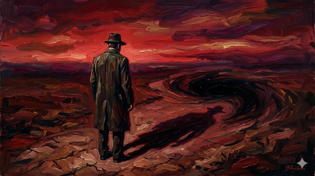 夕焼けの空の下で一人立ち尽くすコートの男性