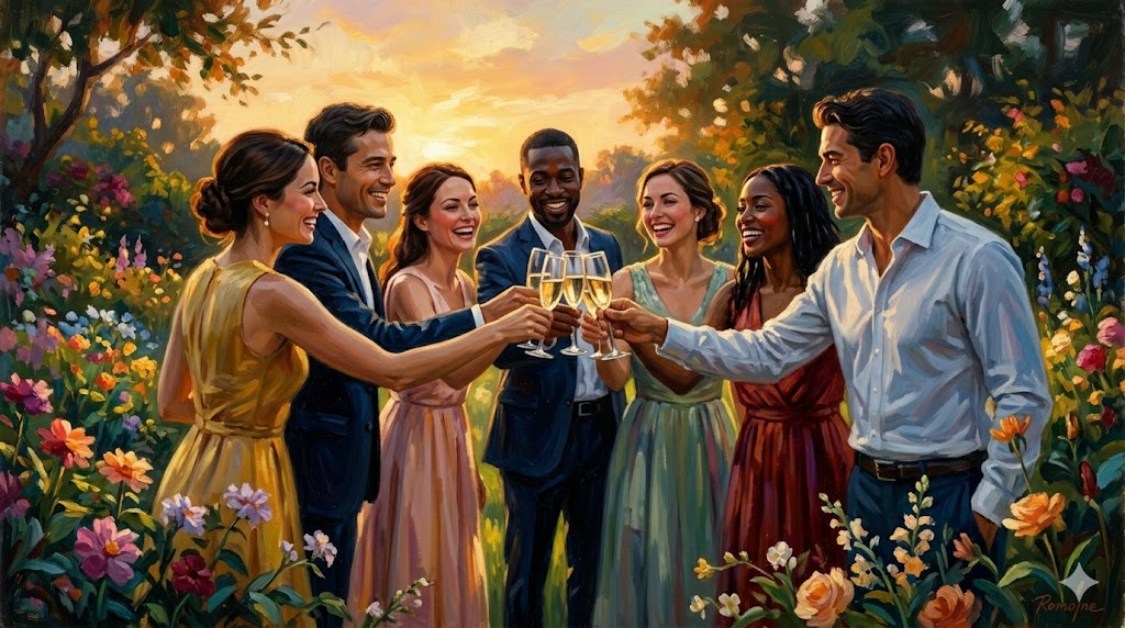 庭園のパーティーで再会し、笑顔でシャンパングラスを合わせる旧友たち