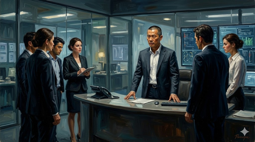 オフィスで毅然とした態度で指揮を執る、誠実そうなアジア系男性リーダー