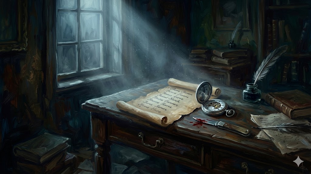 古い書斎の机の上に、複数の名前が書かれた紙と血塗られたナイフが置かれている、幻想的な油絵