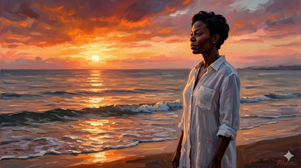 夕日に染まる海辺で、穏やかな表情を見せる女性