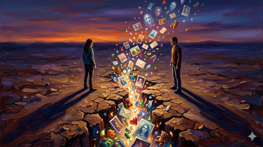 対立する二人の影と夕陽