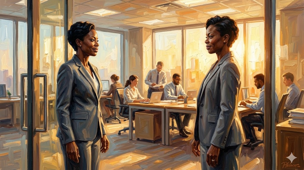 光が差し込むオフィスで、チームのメンバーを見守る暖かい視線