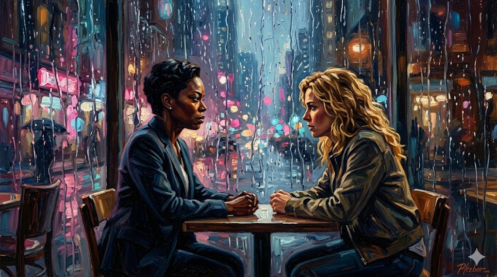 雨の夜、カフェの窓際で深刻な表情で話し合う二人の女性