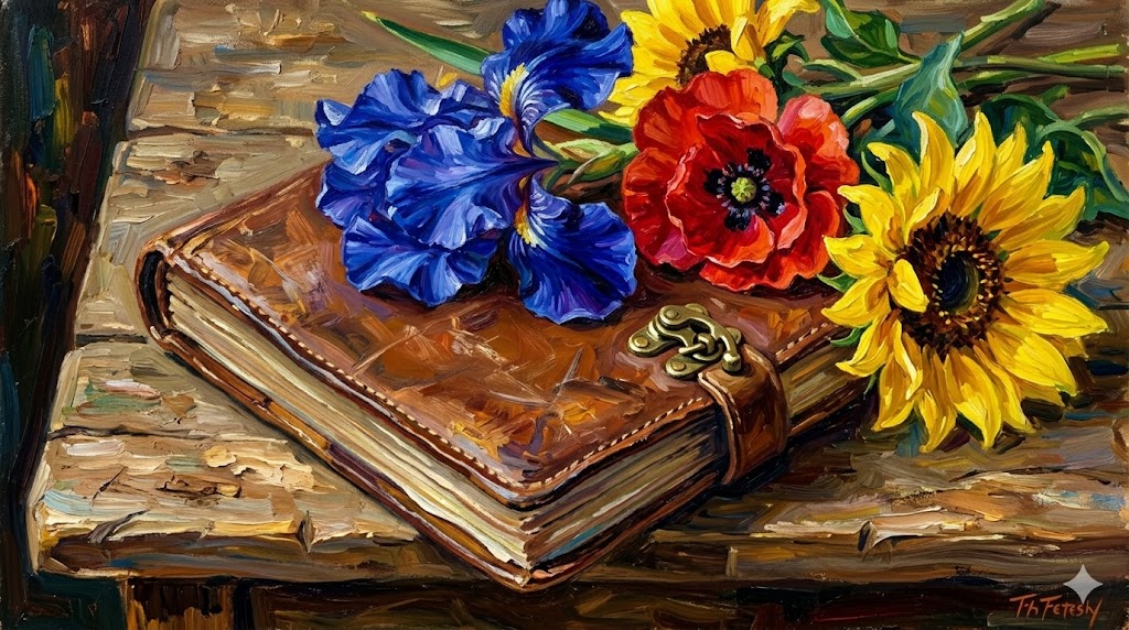 色鮮やかな花束と手帳