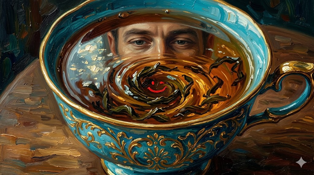 ティーカップを手に微笑む男