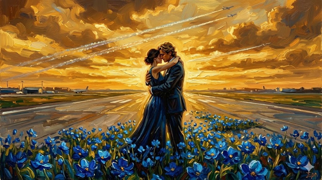 夕焼けの空港で抱き合う二人