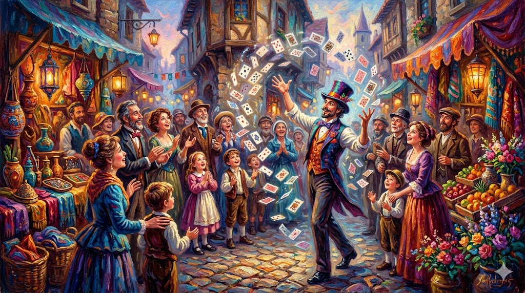 手品で周囲を驚かせる男