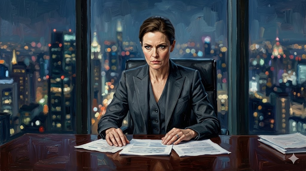 超幻想的で夢のような重厚な油絵風、重厚な木机の前に座る厳格な女性局長