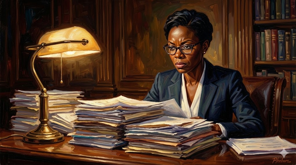 重厚なデスクで、険しい表情で書類を見つめる女性局長