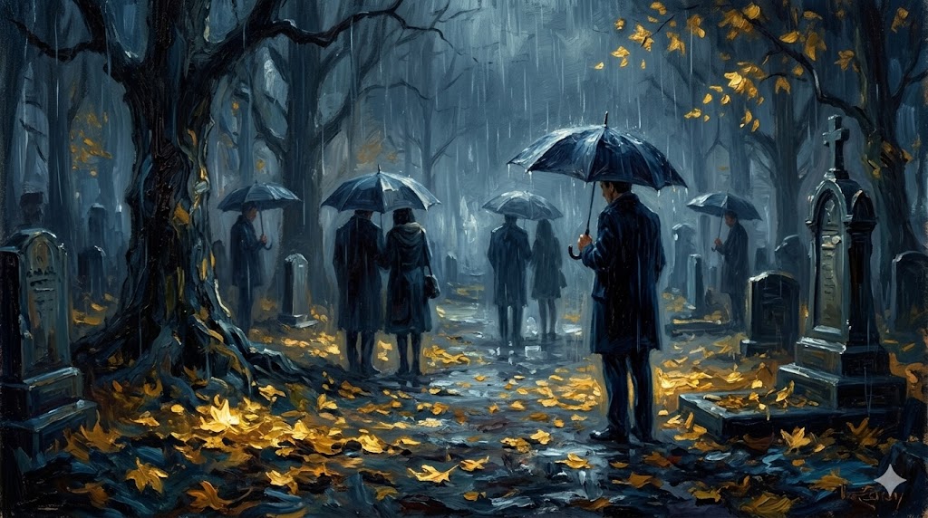 雨の中の追悼シーン