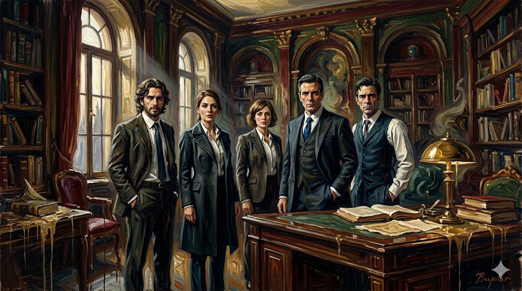 厳かな雰囲気のオフィスに集う、意志の強い目をした5人の男女。ドラマチックな油絵風