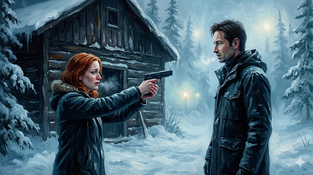 雪の降る山小屋で銃を構える女性捜査官と裏切りの恋人