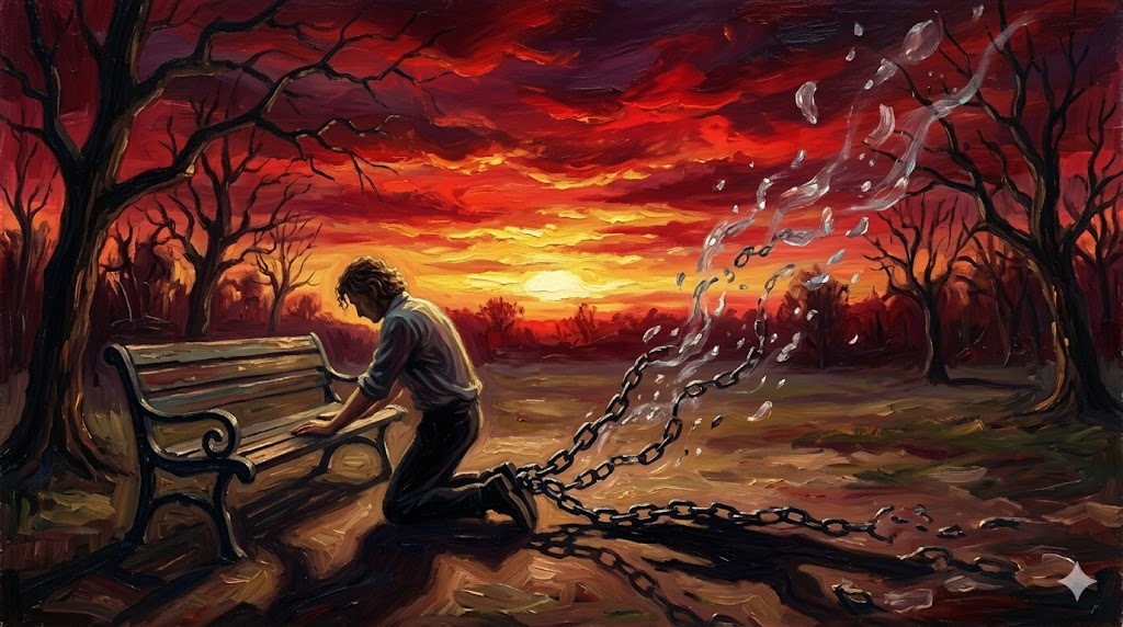 夕暮れの公園で独り立ち尽くす男