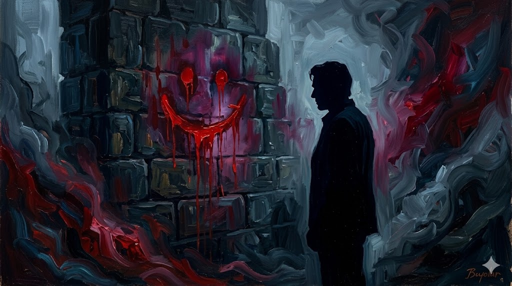 壁に描かれた不気味な赤いスマイルマークを凝視する男の背中。幻想的な油絵風