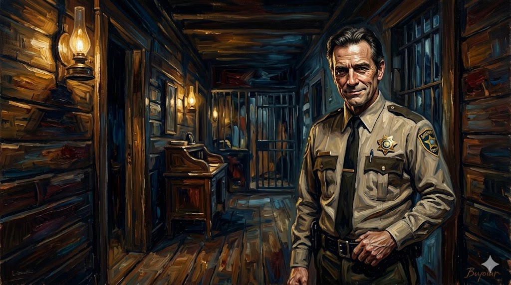 古びた警察署の廊下で、怪しげな微笑みを浮かべる地方の保安官。重厚な油絵風