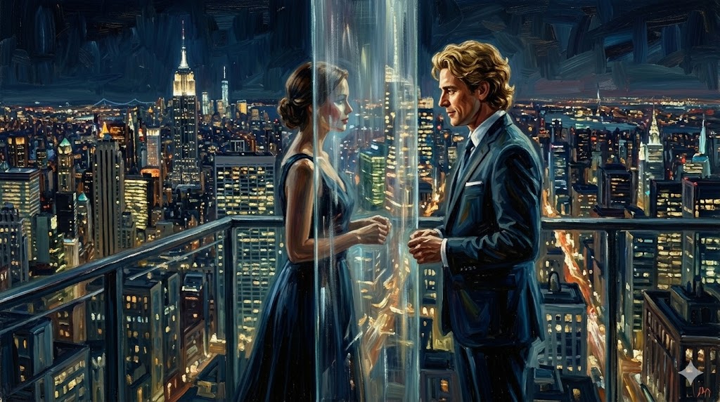 都会の夜景をバックに語らう男女