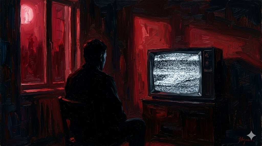 テレビ画面を見つめる不気味なシルエット