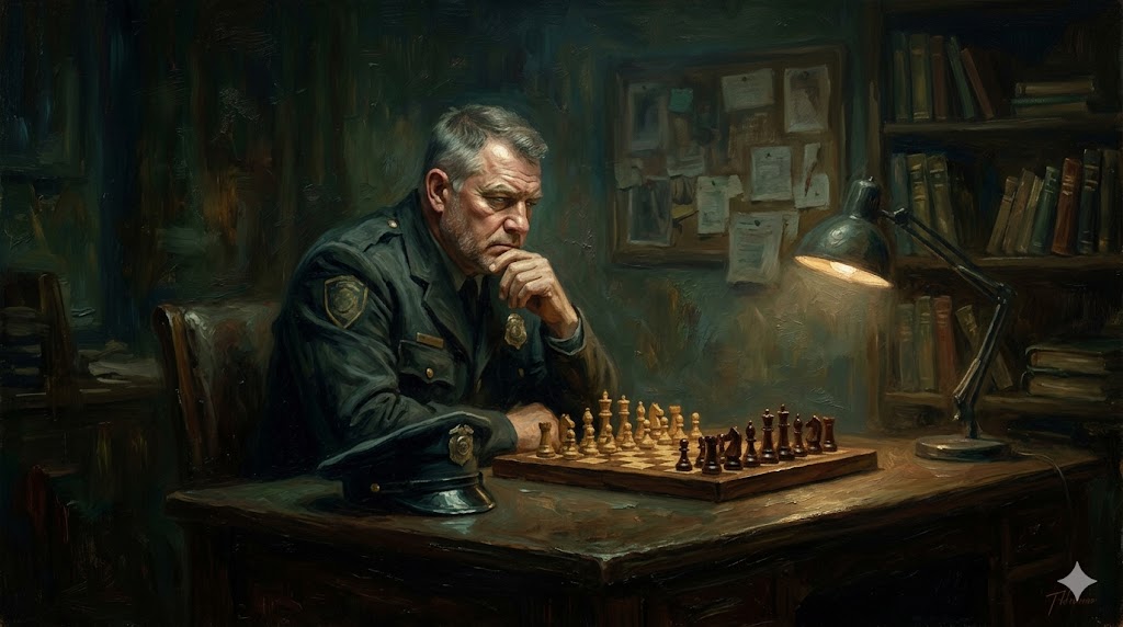 地方の警察署長のような制服を着た中年の男性が、冷ややかな視線でチェスボードを見つめている油絵