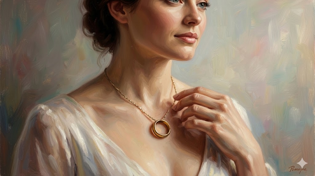 女性の胸元で輝く、金色の結婚指輪がついたシンプルなネックレス