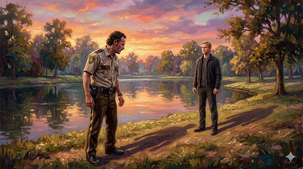 夕暮れの公園で対峙する宿命の二人