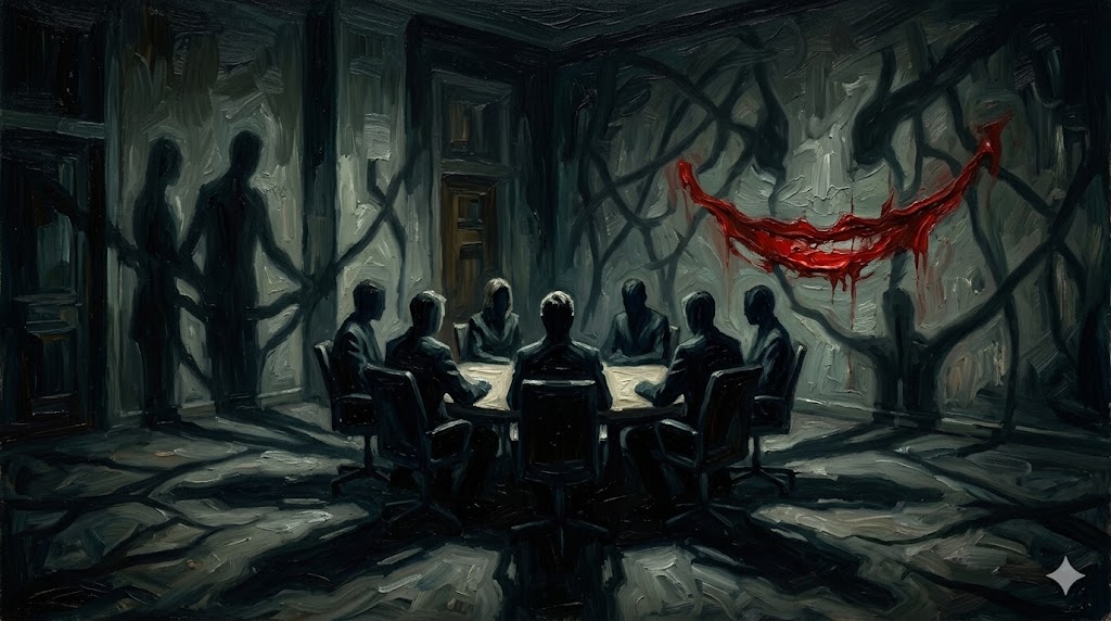 容疑者たちの影が交錯する不穏な会議室
