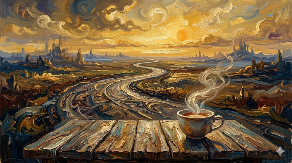 遠く続く一本道の先に夕日が沈み、手前のテーブルに一杯の紅茶が置かれている。超幻想的な油絵風